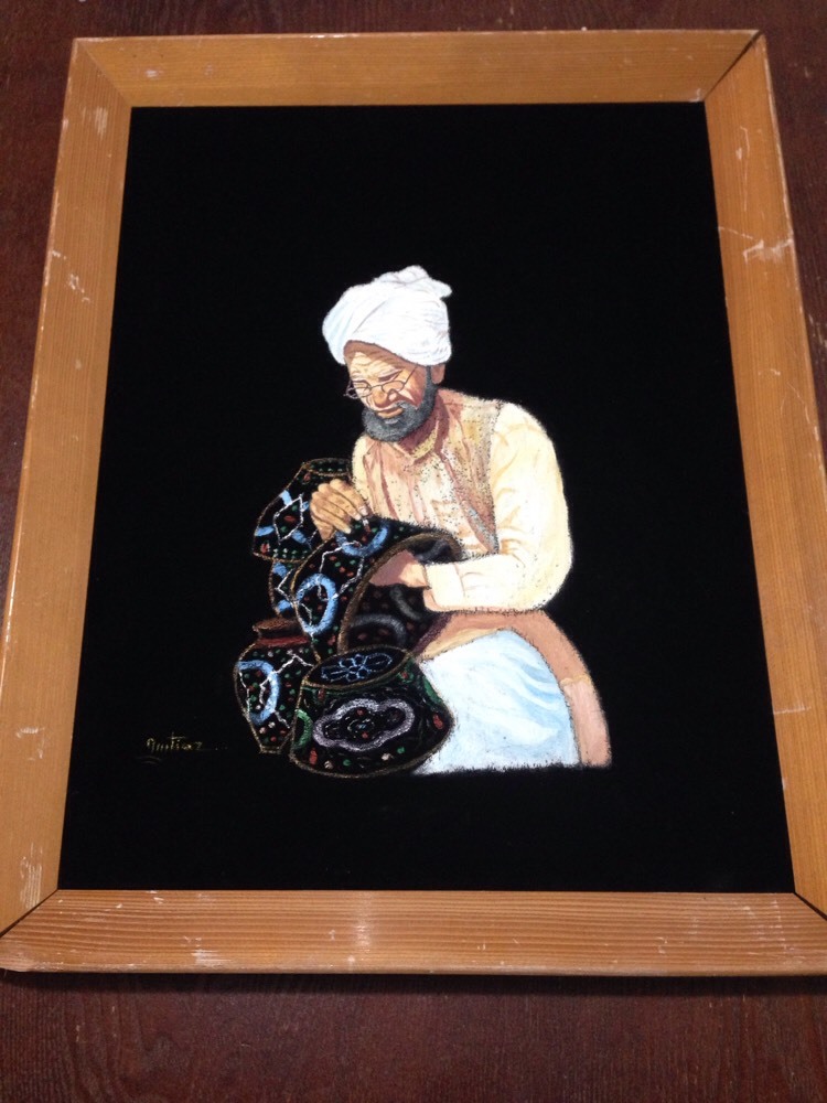 Vintage Black Velvet Oil Man Turban Painting Wood Frame 16 1/4″ X 20 1/2″