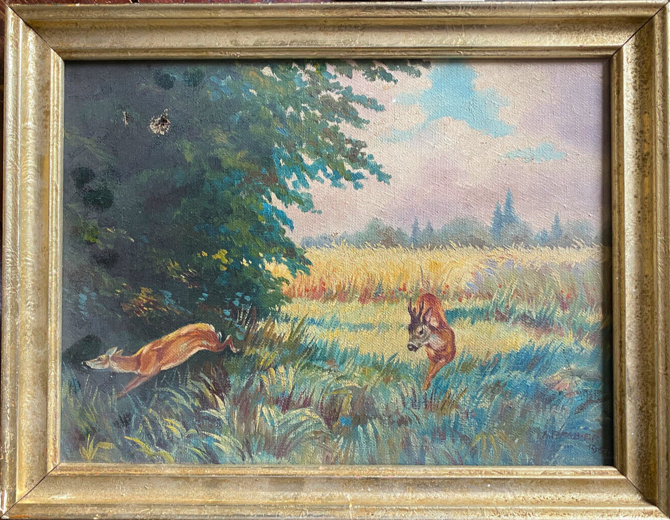Oil Painting Sign A.Pfaller 1951 Playing Deer on The Wheat Field At Waldesrand