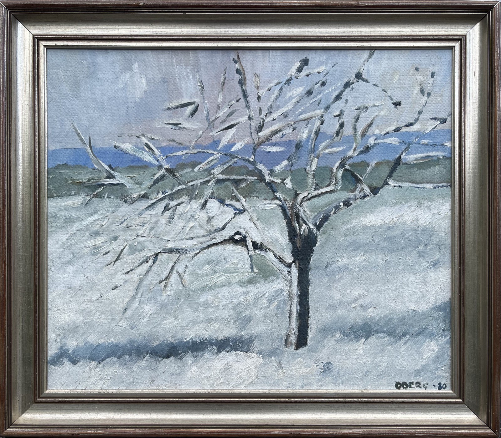 Oil Painting Expressionist Winter Landscape With Bare Tree Coast Sea Snow 1980