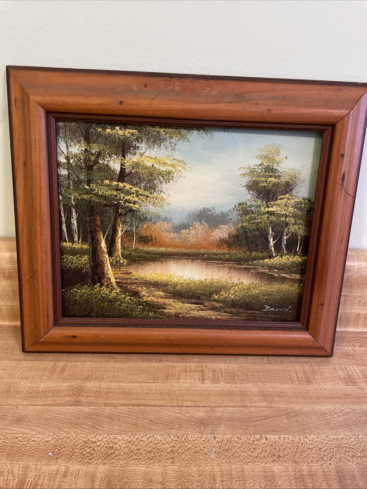 Vintage Framed Landscape Oil Painting Forest River Wood Frame Wall Art 13 X 11