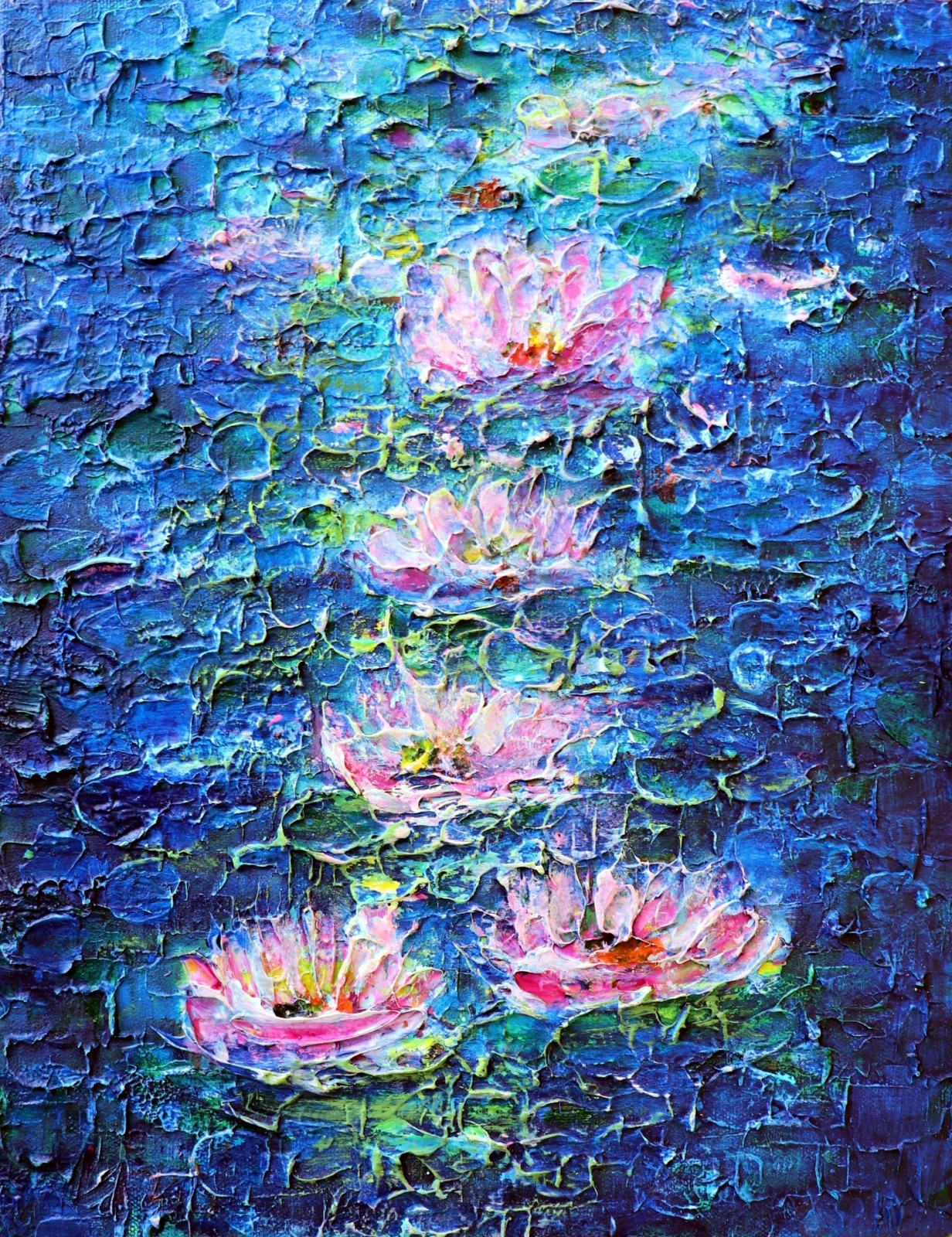 Water Lily Painting 11×14 Original Textured Blue Pond Canvas Art