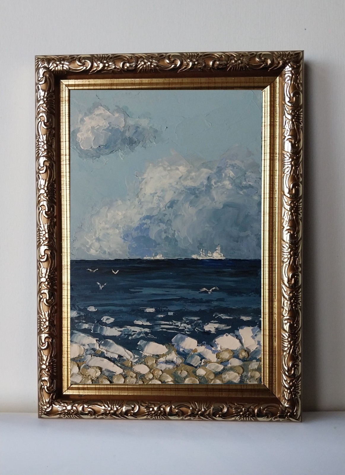 Framed Cloudy Sky Seascape Ships Winter Seashore Art 4×6” Original Oil Painting