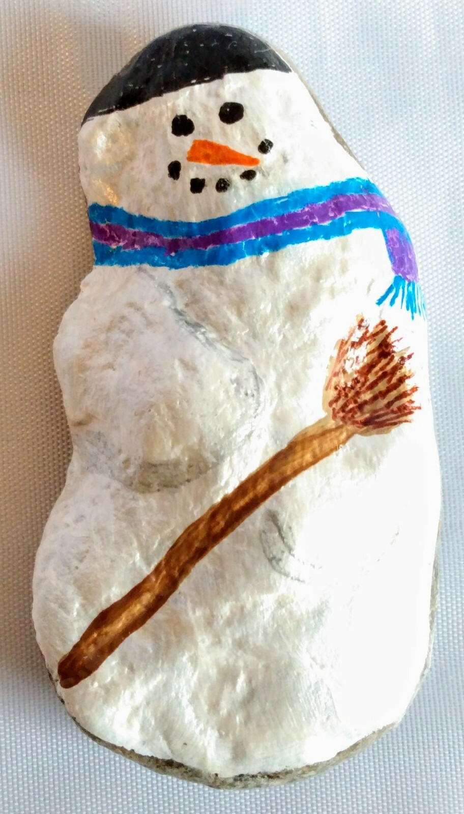 Hand Painted Rock ~ Christmas ~ Chilly Snowman & Broom w/ Glitter Gloss