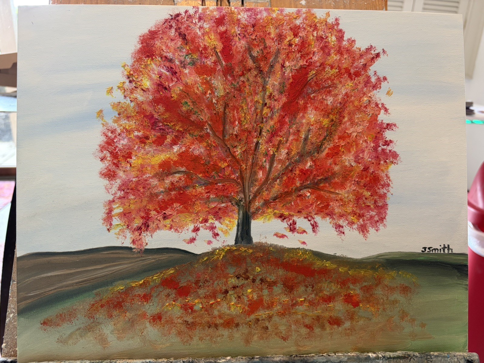 Original oil painting 11 x 14 inches gorgeous colorful orange red autumn tree