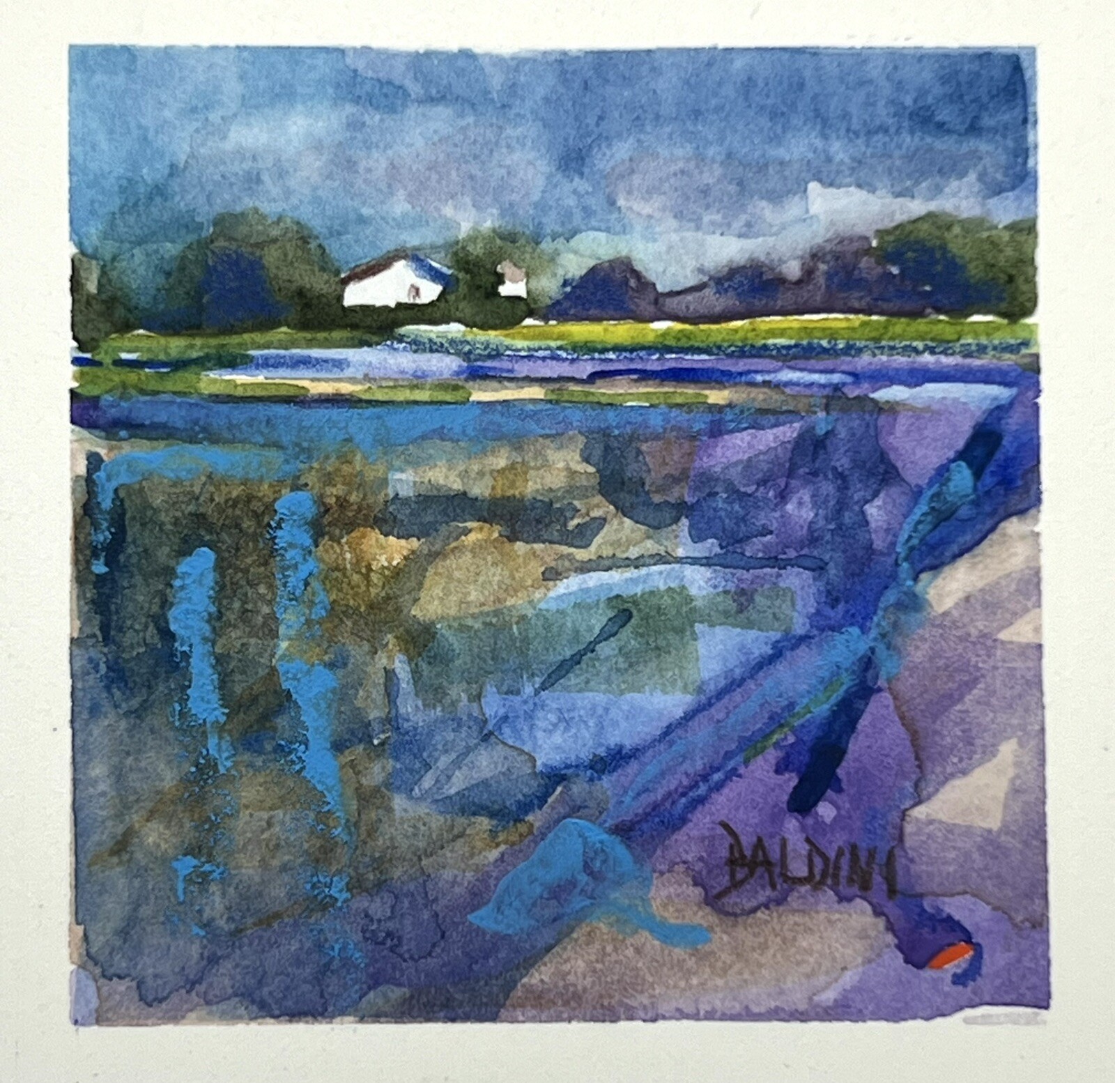 J R Baldini Miniature Watercolor Painting 3×3” Plein Air Impressionist Scene