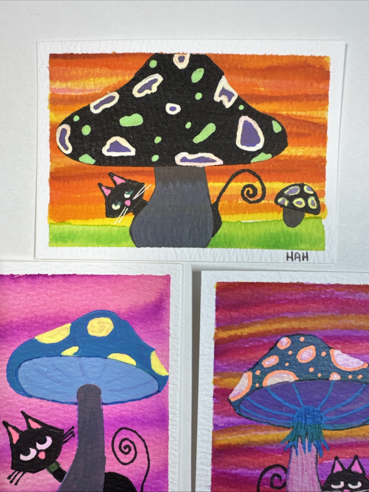 ACEO Set Of 3 Mixed Medium Mini Paintings Abstract Cats With Big Mushrooms