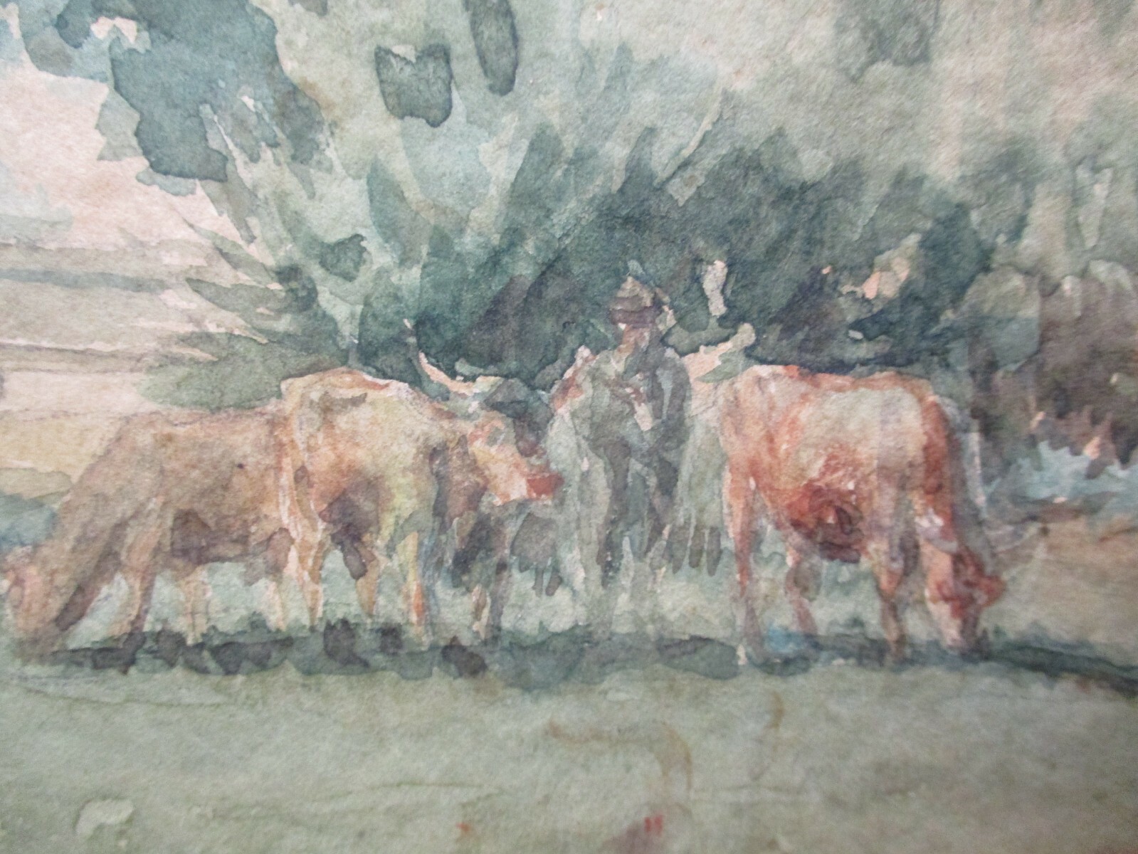 ANTIQUE IMPRESSIONIST PAINTING SMALL GEM MASTERFUL MAN COWS FARM LANDSCAPE 1910