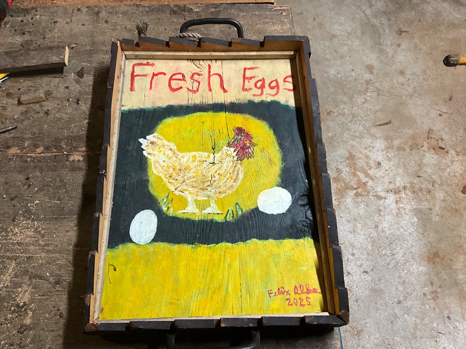 Hand painted serving tray – Vintage and very cool – Old wood, handmade by artist