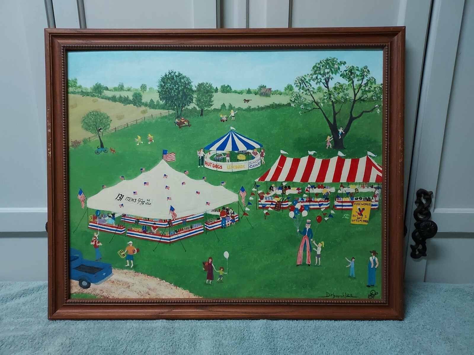 Grandma Moses Style Vintage Painting Americana Folk Art Summer Scene 18×22