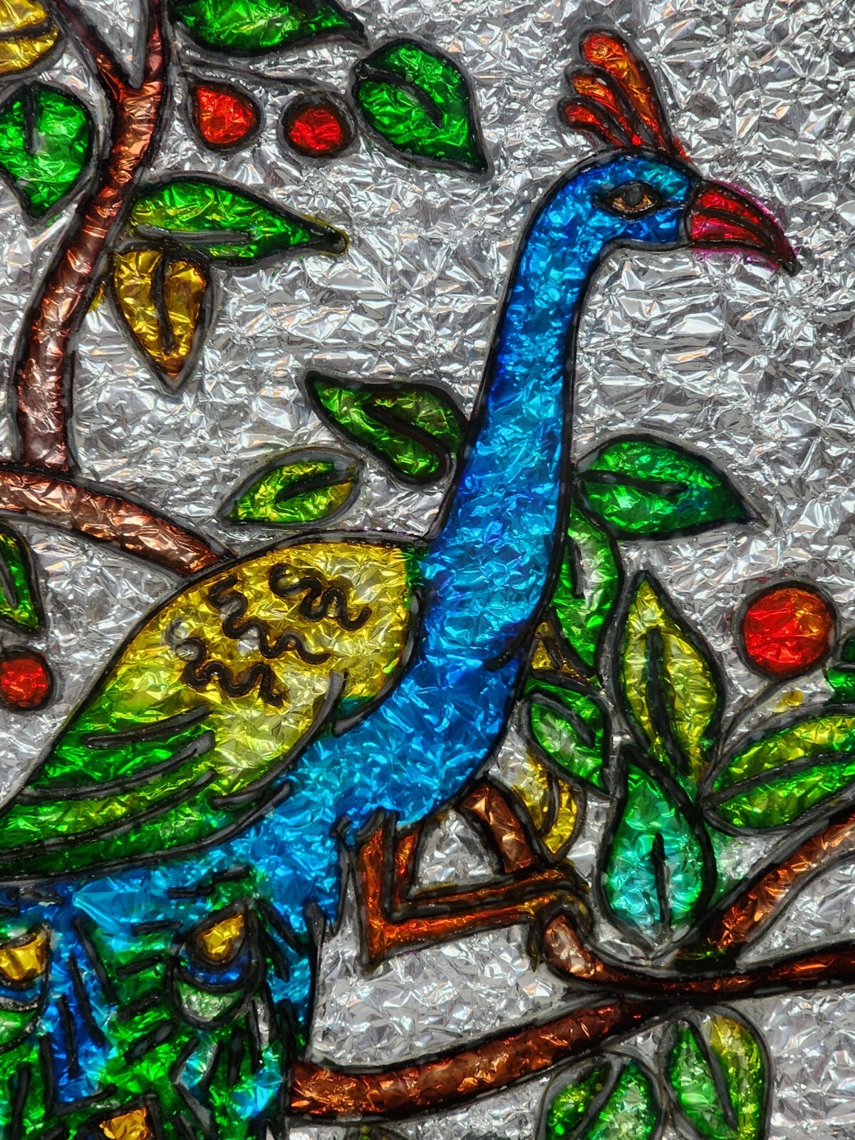 Vintage Aluminum Foil Art, Peacock, Reverse Painted