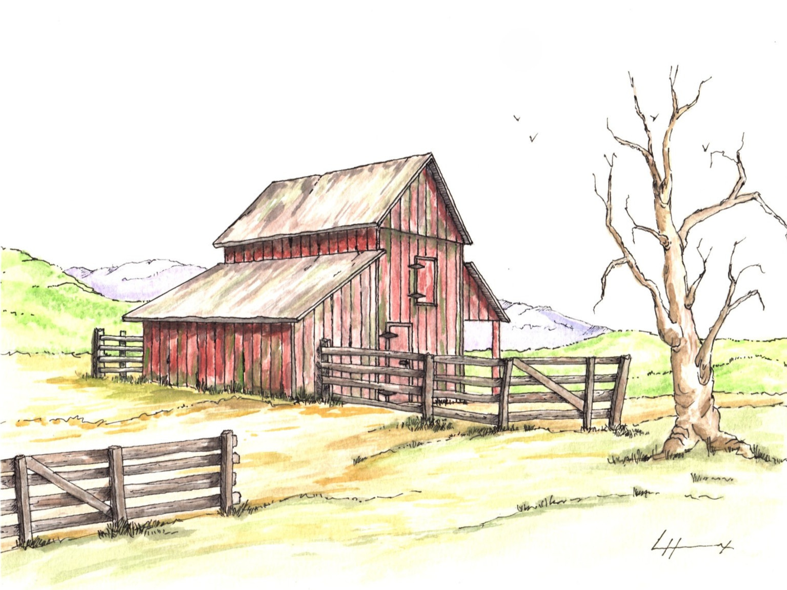 Watercolor Painting Print, Landscape with Barn 8 1/2″ x 11″