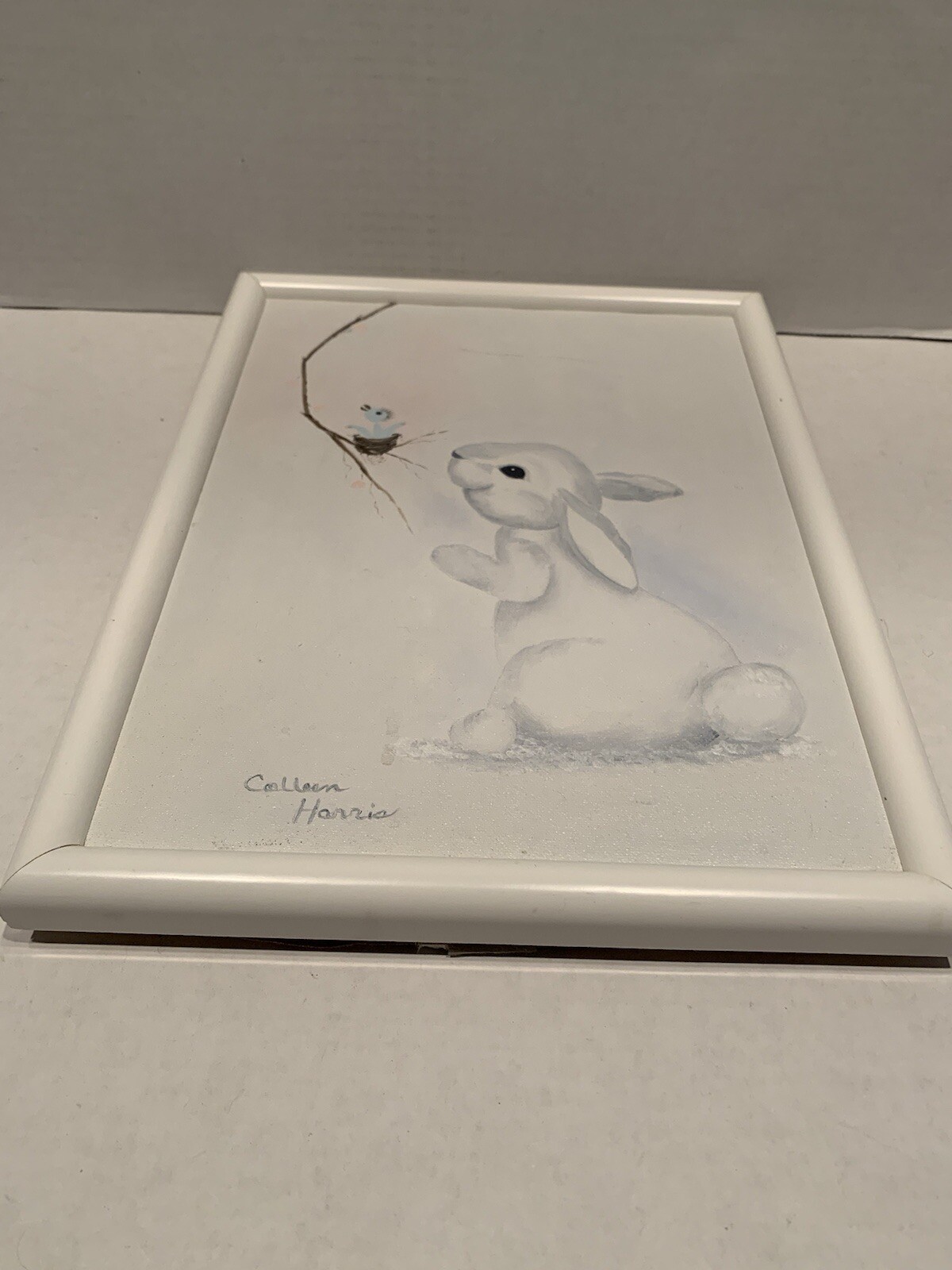 Framed Painting on Canvas White Bunny & Baby Bird In Nest 13″x9″ Signed Adorable