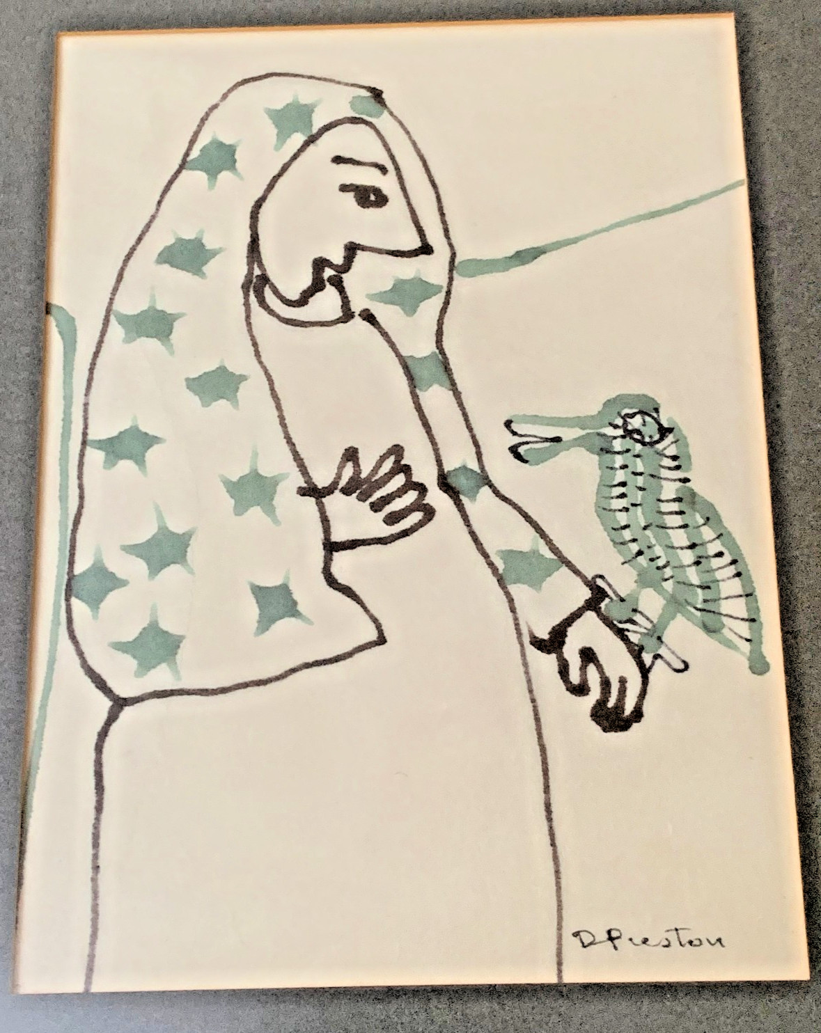 Listed Artist Dorothy Preston Original Painting Woman w Bird & Show Poster