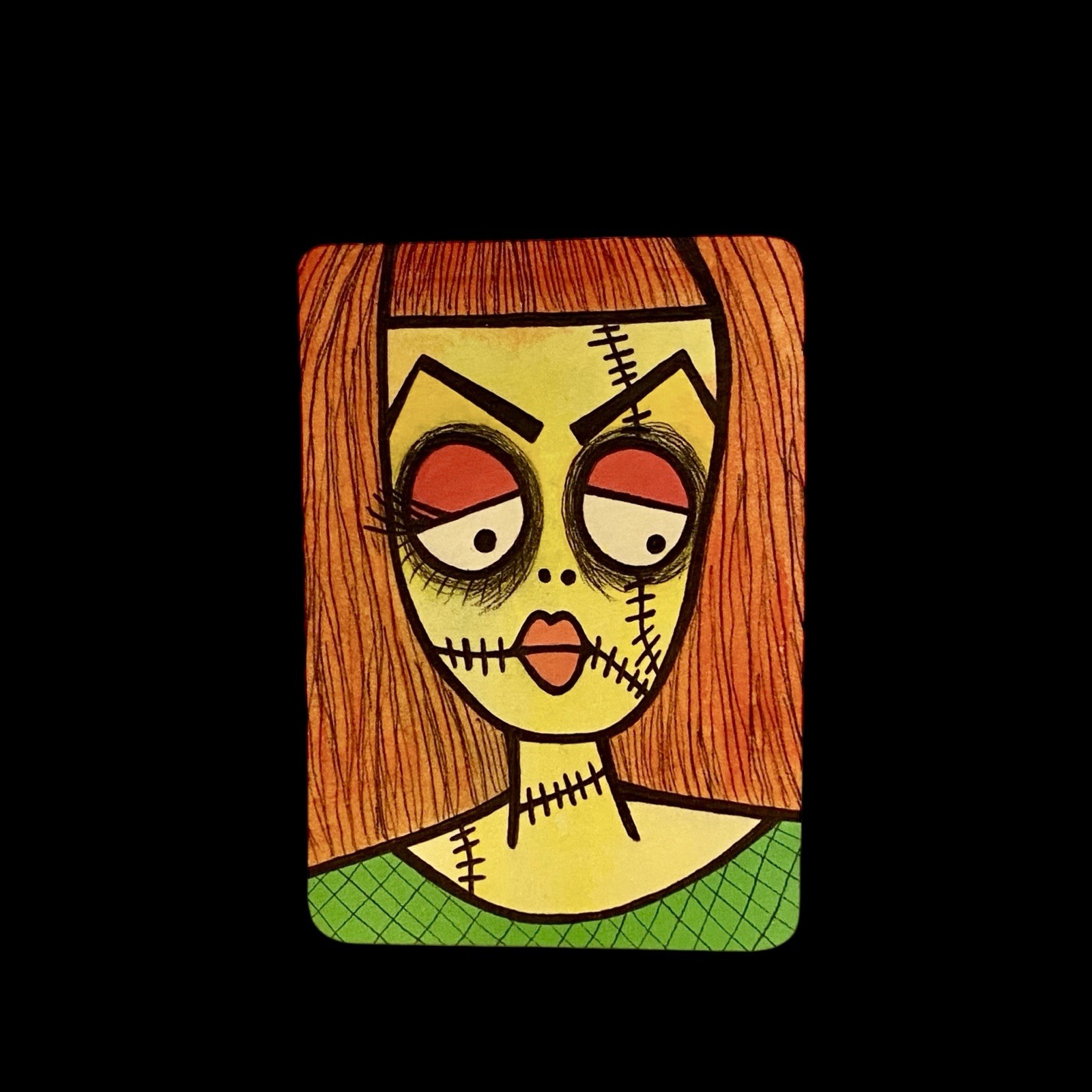 Original Mini Painting Gothic Redhead Stitches Girl ACEO Small art Horror