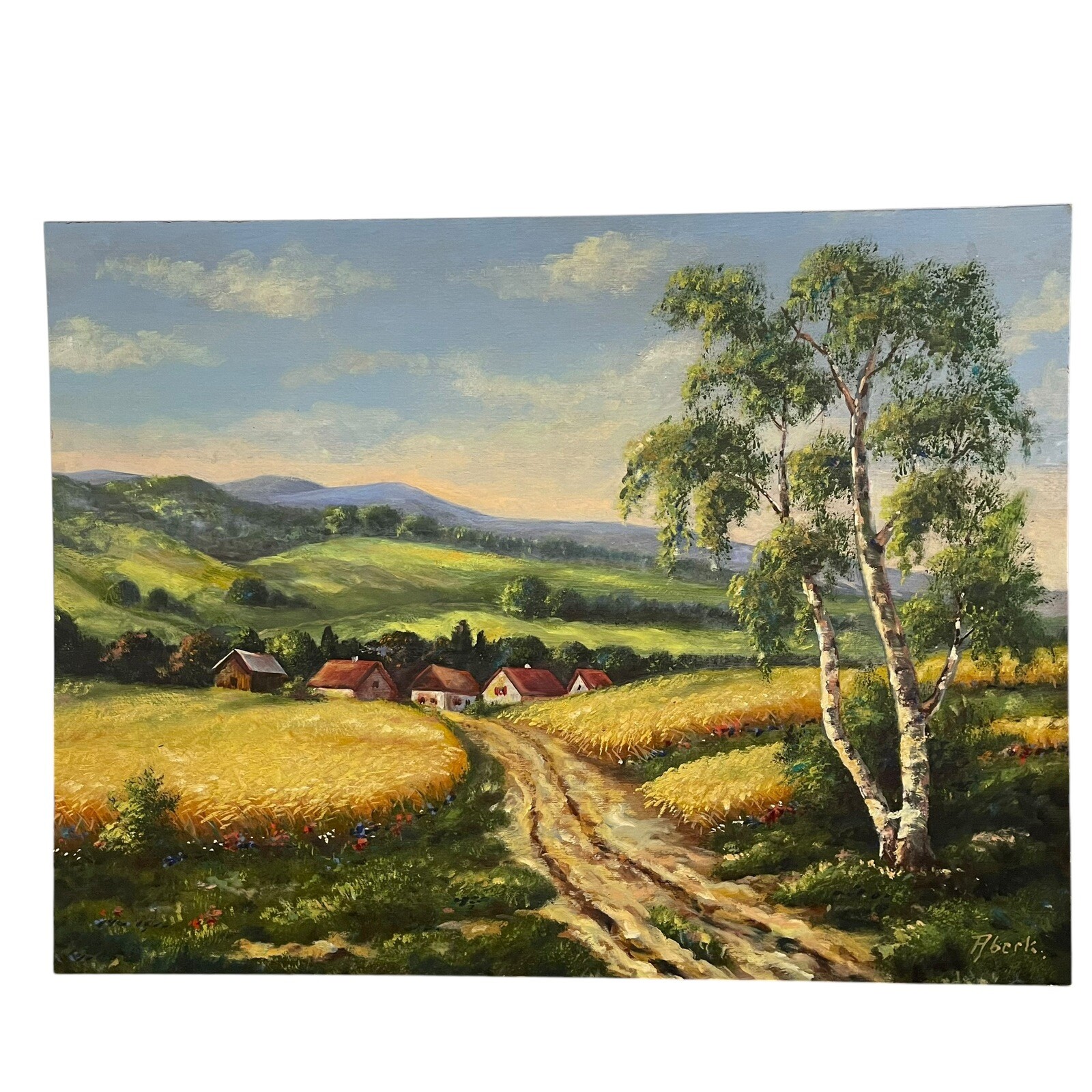Antique Country Village Scene Oil Painting Signed Signed Aberk English Cottage