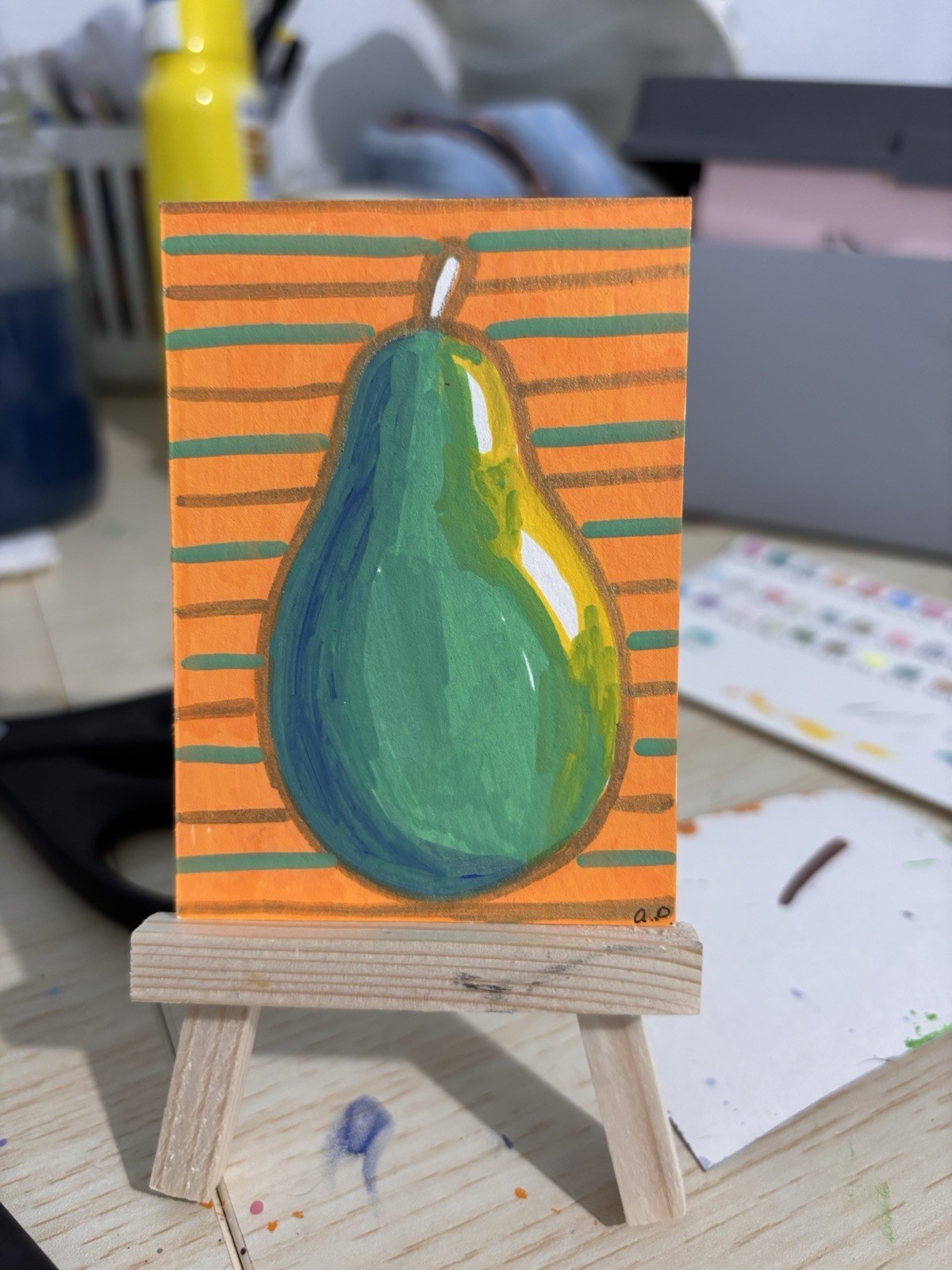 ACEO Original, Pear, Acrylic Marker Painting, 2.5 X 3.5 In