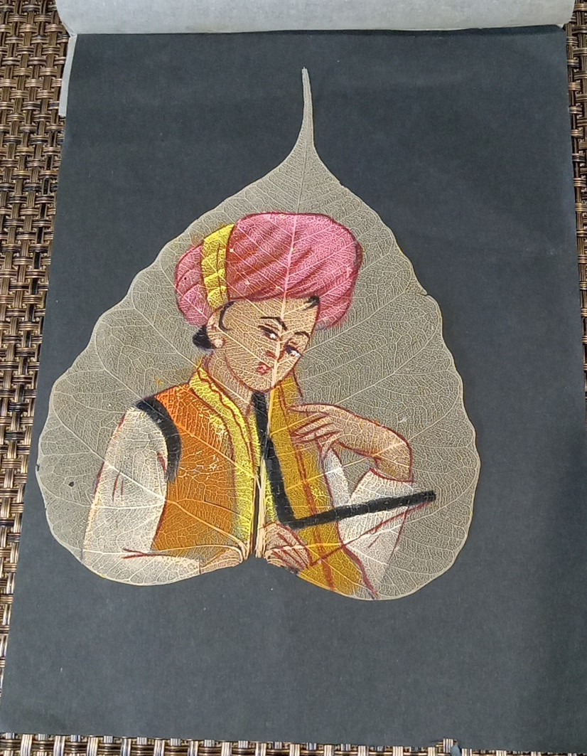 Vintage Pipal Leaf Hand Painting Boy Playing String Instrument 8.5″ x 6.5″