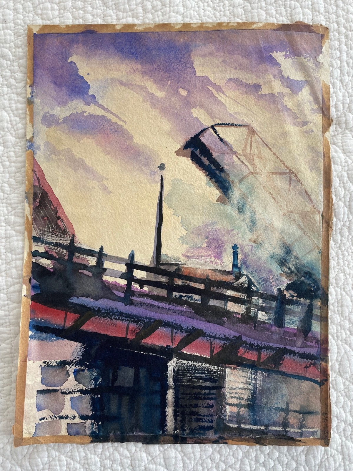 Vintage HAND PAINTED Watercolor Bridge Bill Tiell Cleveland Oh American Greeting