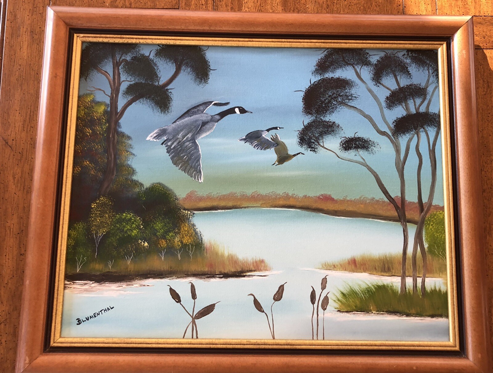 Hand Painted Landscape Geese Pond Picture Art Signed Blumenthal 23.5 X 20