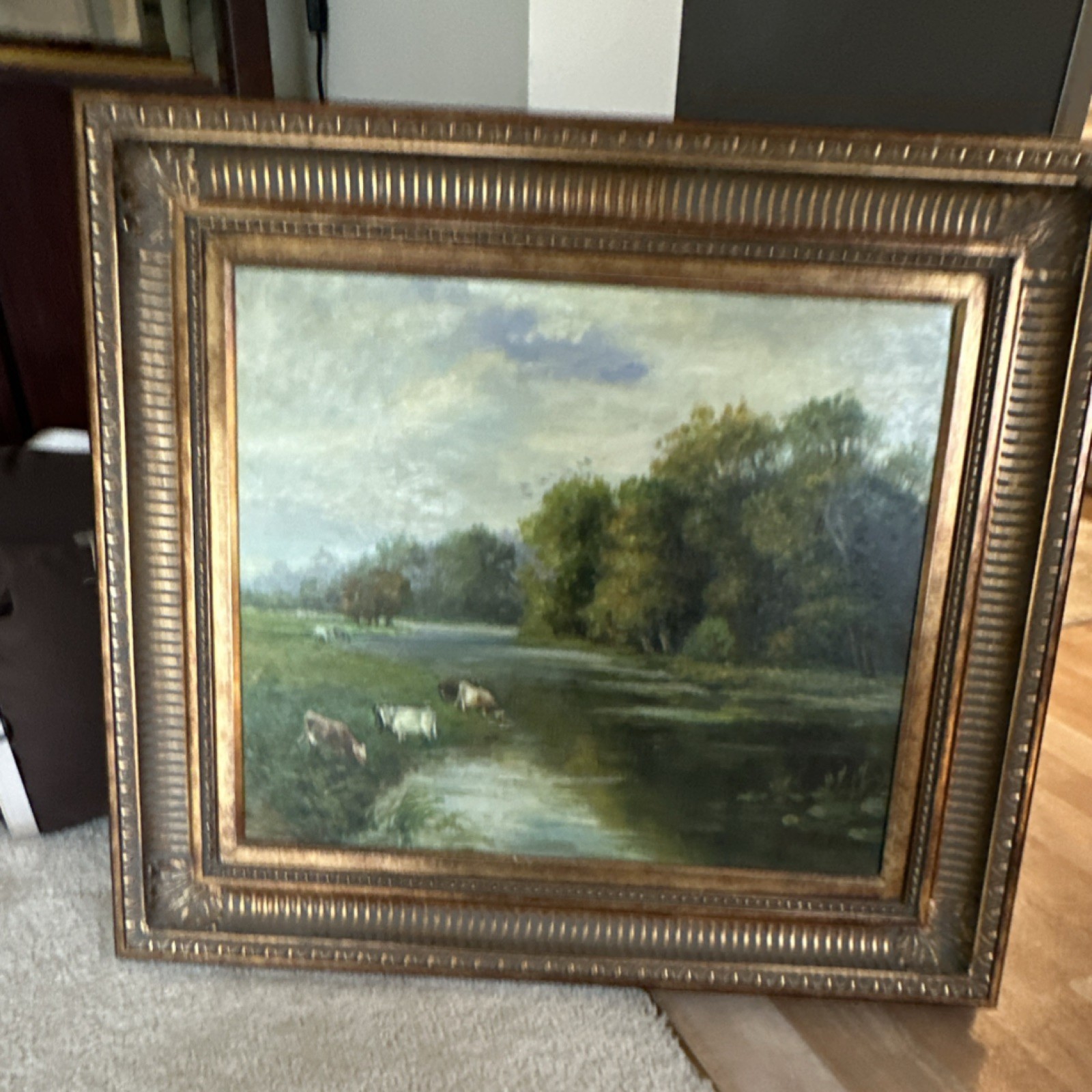 Framed Realism Landscape Oil Painting Cows River Trees Canvas Medium Art