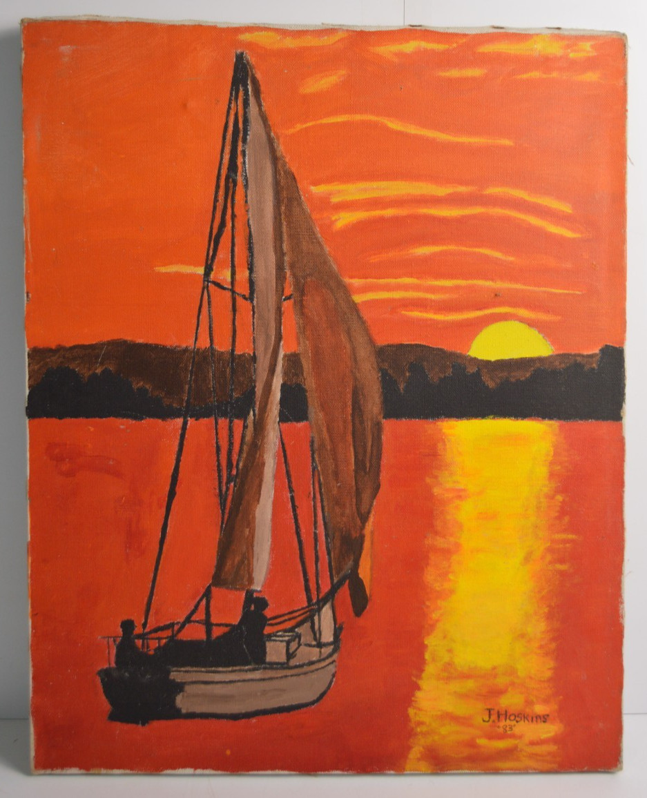 Vintage Art Painting Sailboat Sunset Ocean Beach House Sea Water Reflection