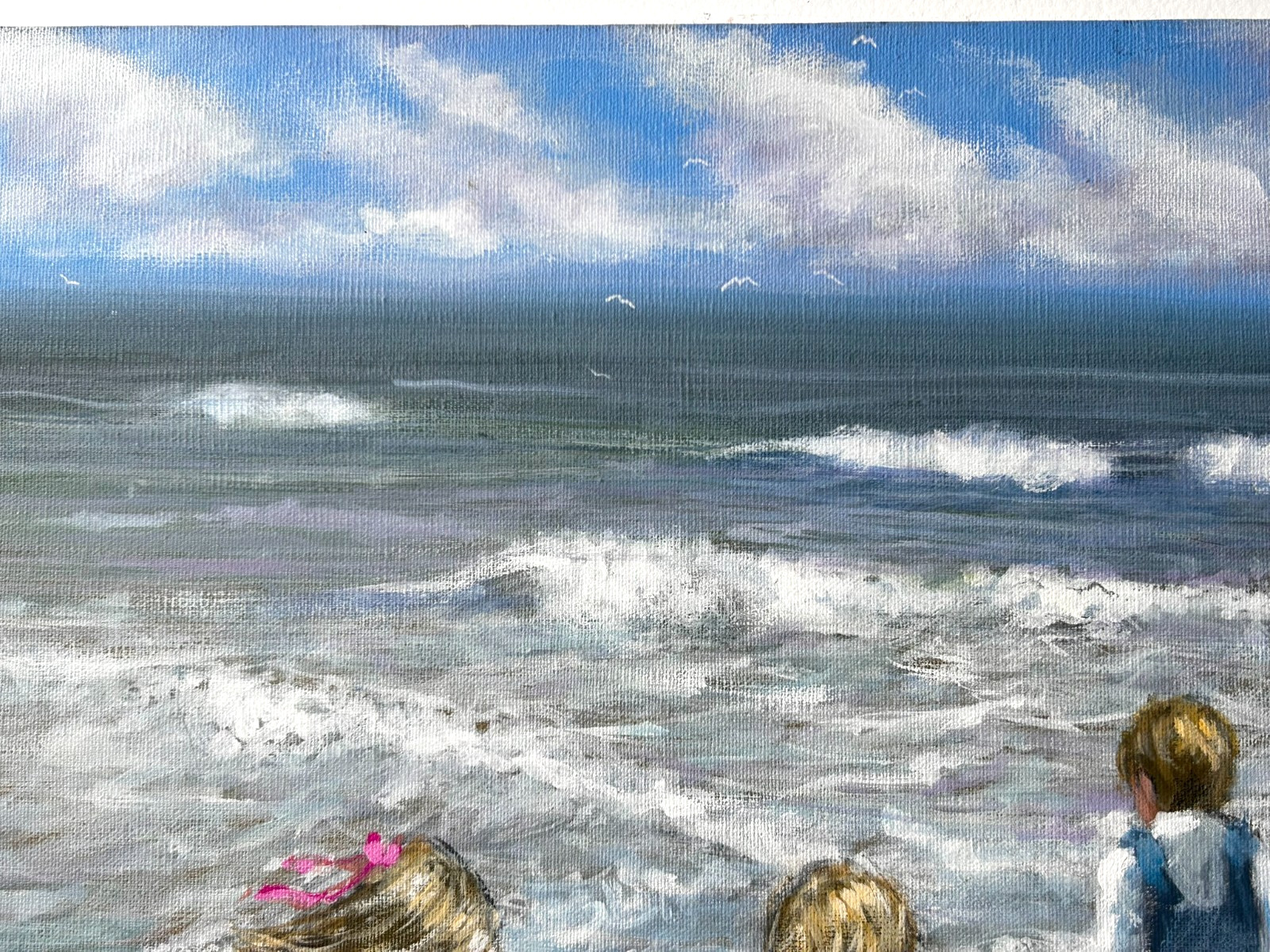 Original Oil Painting, Signed 20»x16″ Children on The Beach, Ocean Landscape