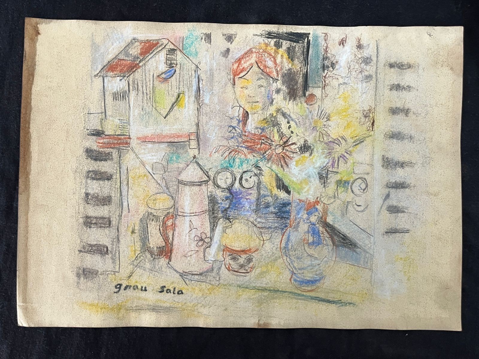 EMILIO GRAU SALA drawing and painting on old paper signed stamped vintage