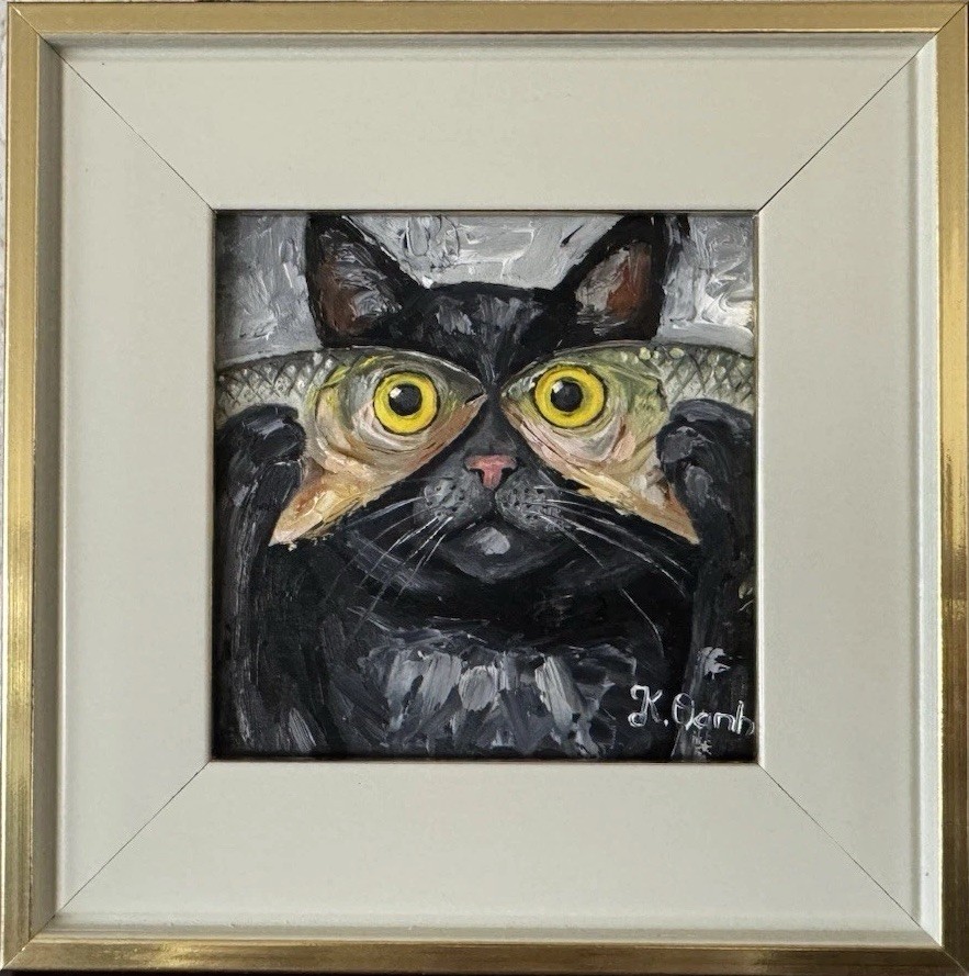 ORIGINAL OIL PAINTING SILLY BLACK CAT & FISHES HALLOWEEN SIGNED FRAMED 4×4