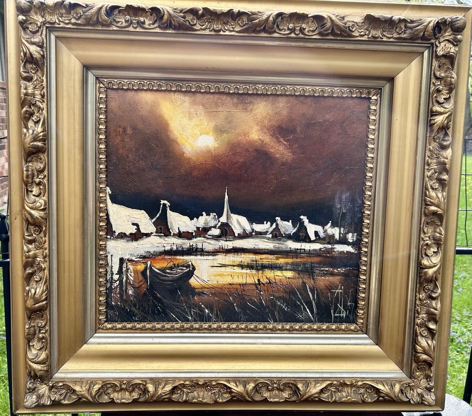 Vtg Dutch Village Winter Night Landscape Gold Gesso Frame Merrill Chase Gallery