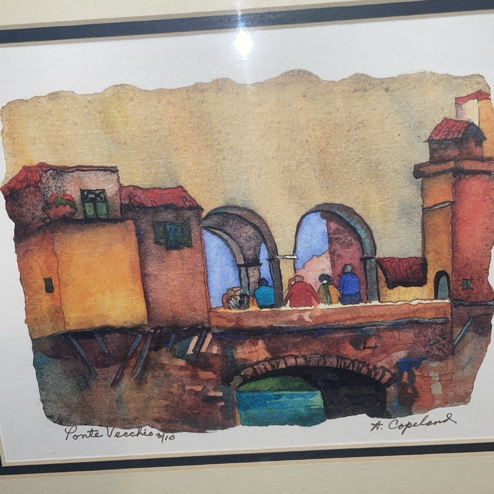 Signed Framed Limited Edition Water Color Painting Pointe Vecchio Bridge, Italy