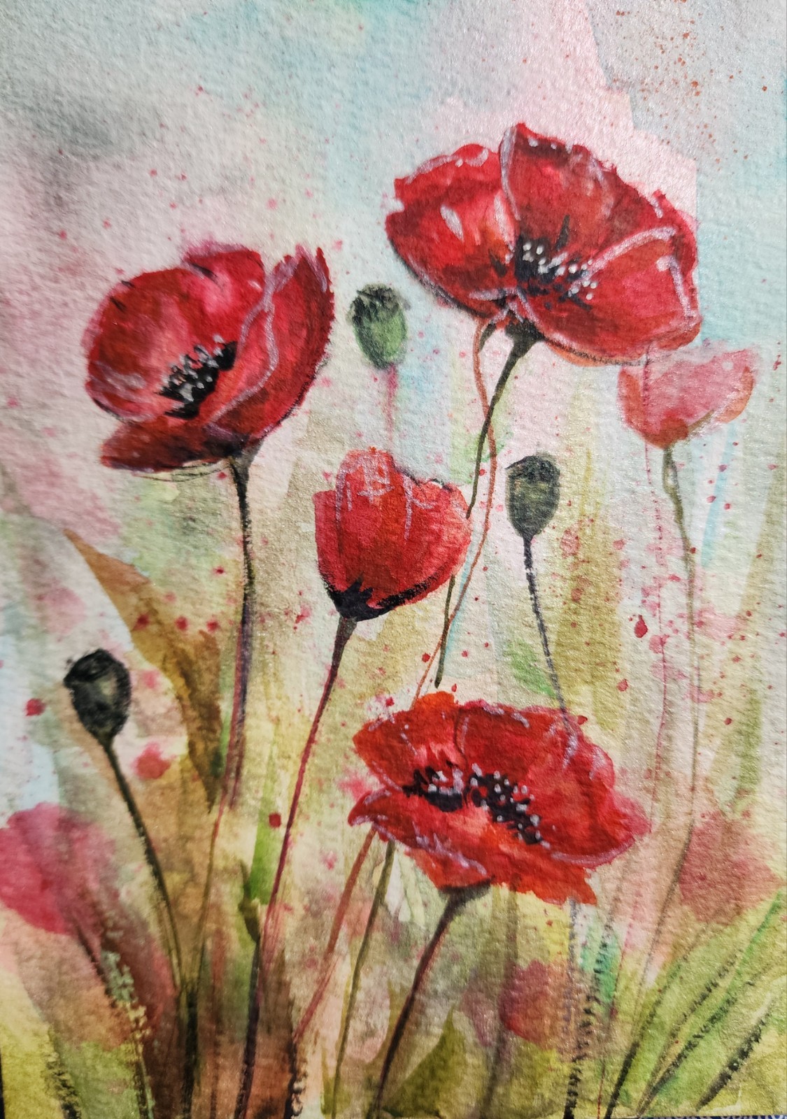 Original Watercolor Painting, Red Poppy Flowers, 5 x 7 in. ShineGoldenArt