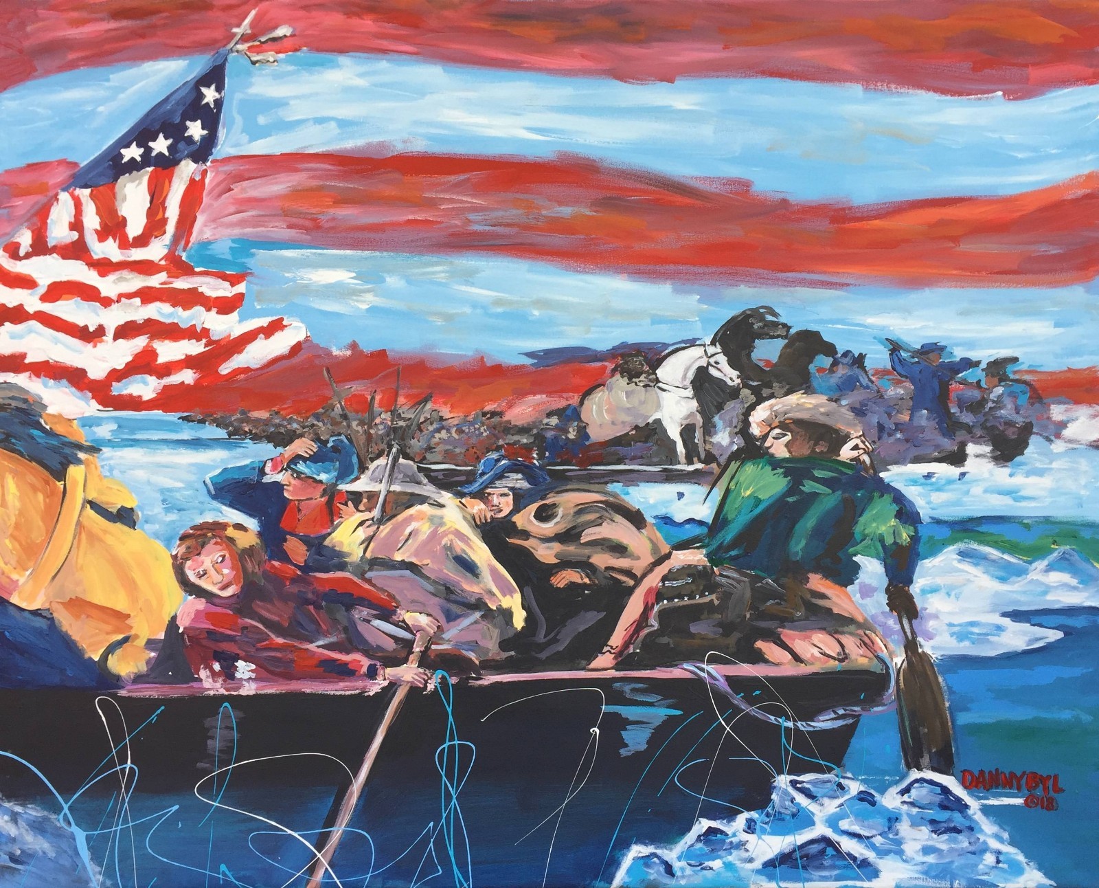 Washington Crossing the Delaware USA Flag Original PAINTING Patriotic DAN BYL