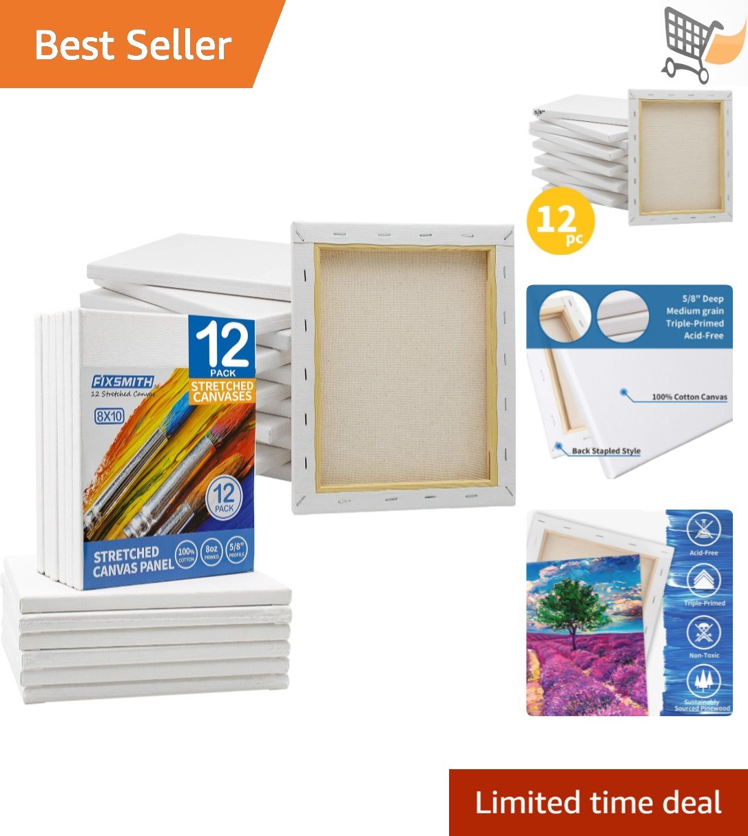 Painting Canvas Set 8×10 Inch Cotton 12 Pack Primed for Acrylic Oil Art