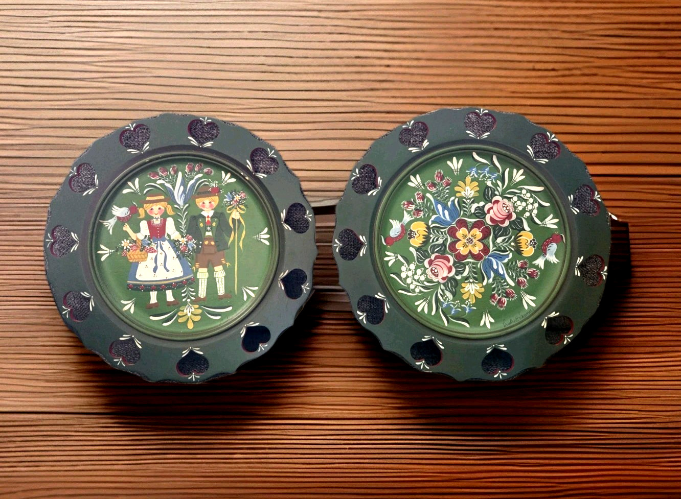 Rare Artist Signed Prudy E Vannier 2 Folk Art Wooden Tole Ware Dutch Wall Decor