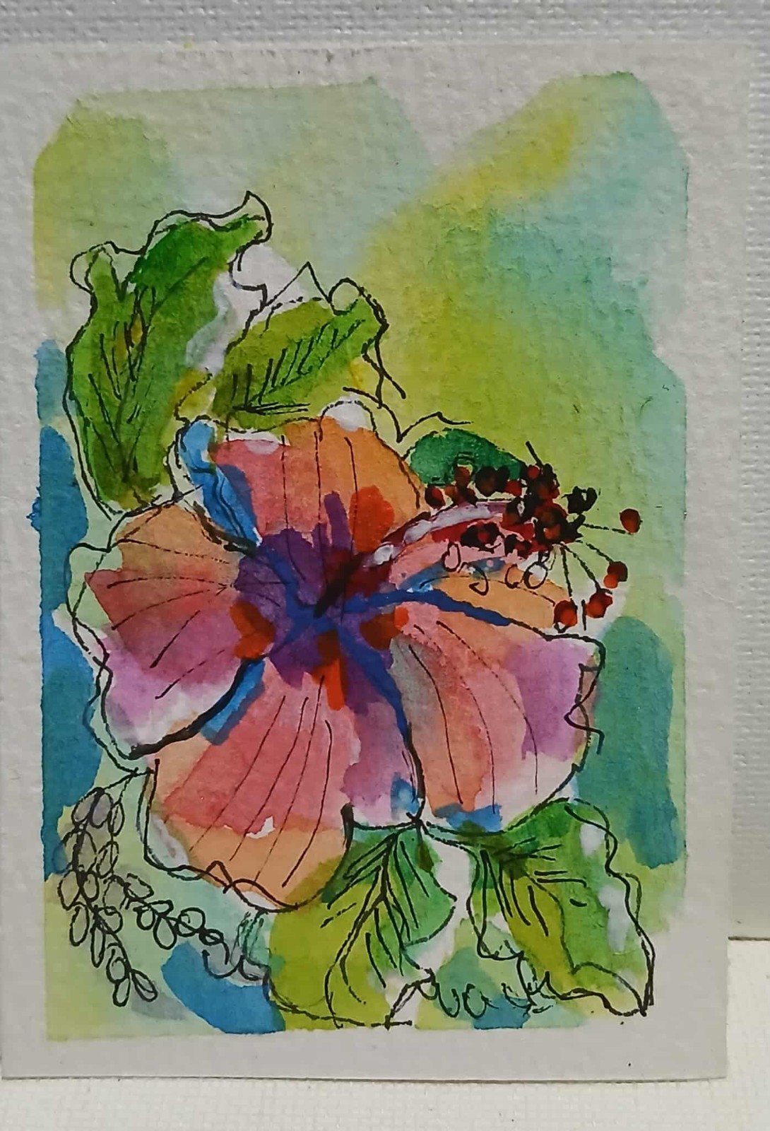 ACEO OOAK signed Loose Watercolor and Pen Hibiscus Flower giftable