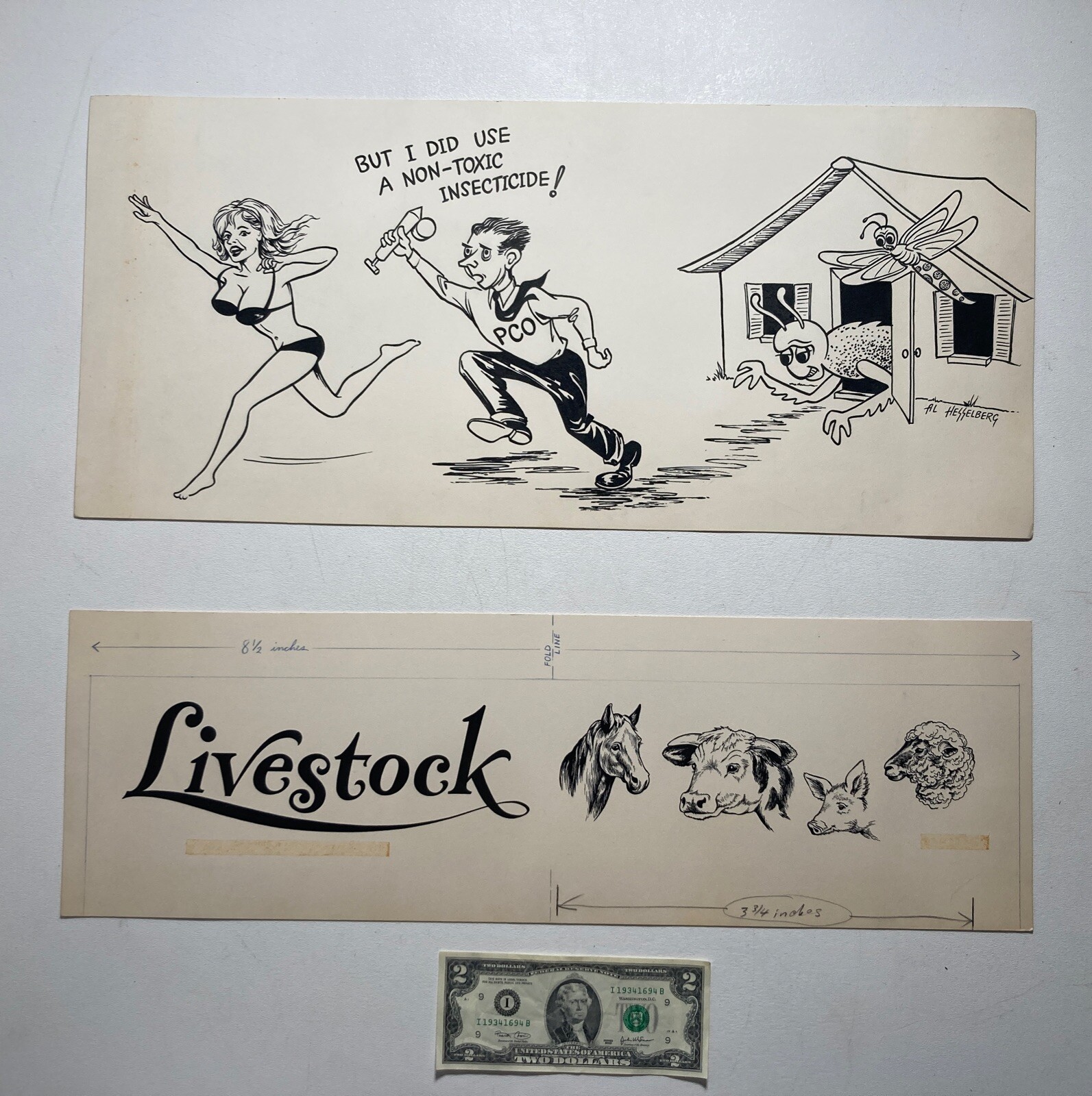 Vintage Original HAND DRAWN CARTOON / ADVERTISMENT PEN INK OG’S 2X -SIGNED