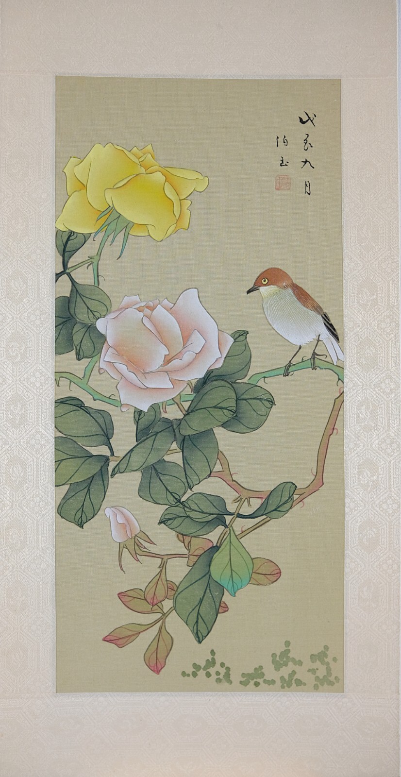 Vintage Oriental Watercolor on Silk Paper, Chinese Vintage, Bird and Roses