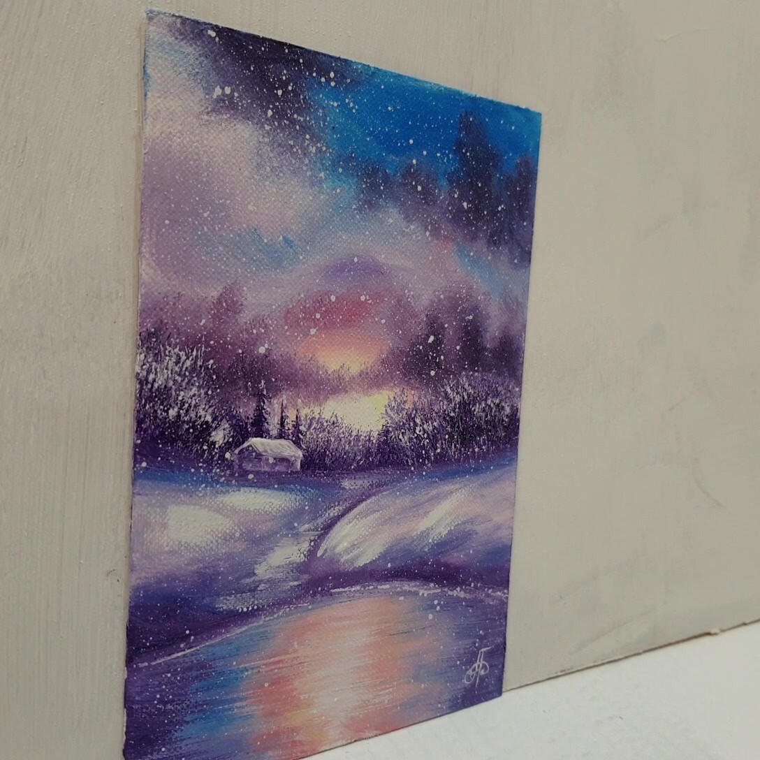 Winter Sunset Lake Path Painting Snow Cottage Purple Red Sky Signed Holiday Deco