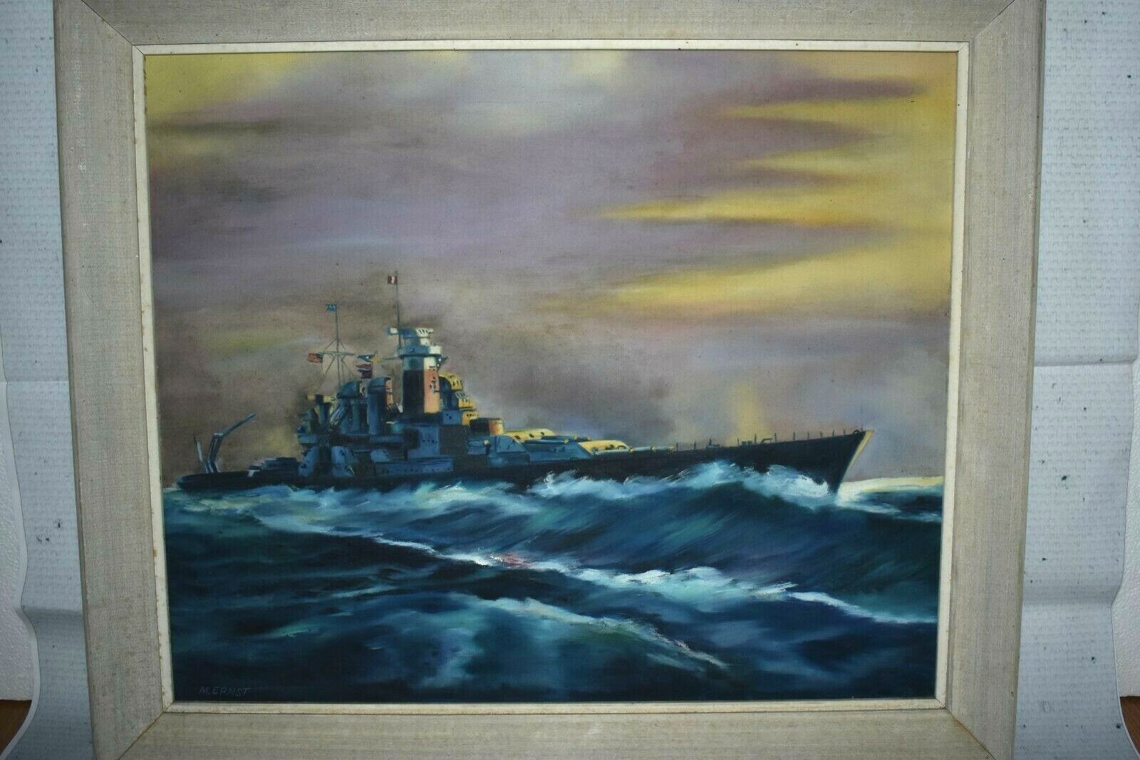 Vintage M. ERNST Navy Ship Acrylic Canvas Painting Signed Framed