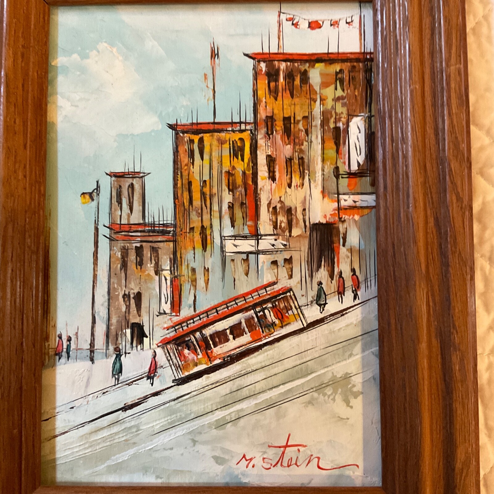 70s San Francisco cable car landscape original oil PAINTING art Stein small