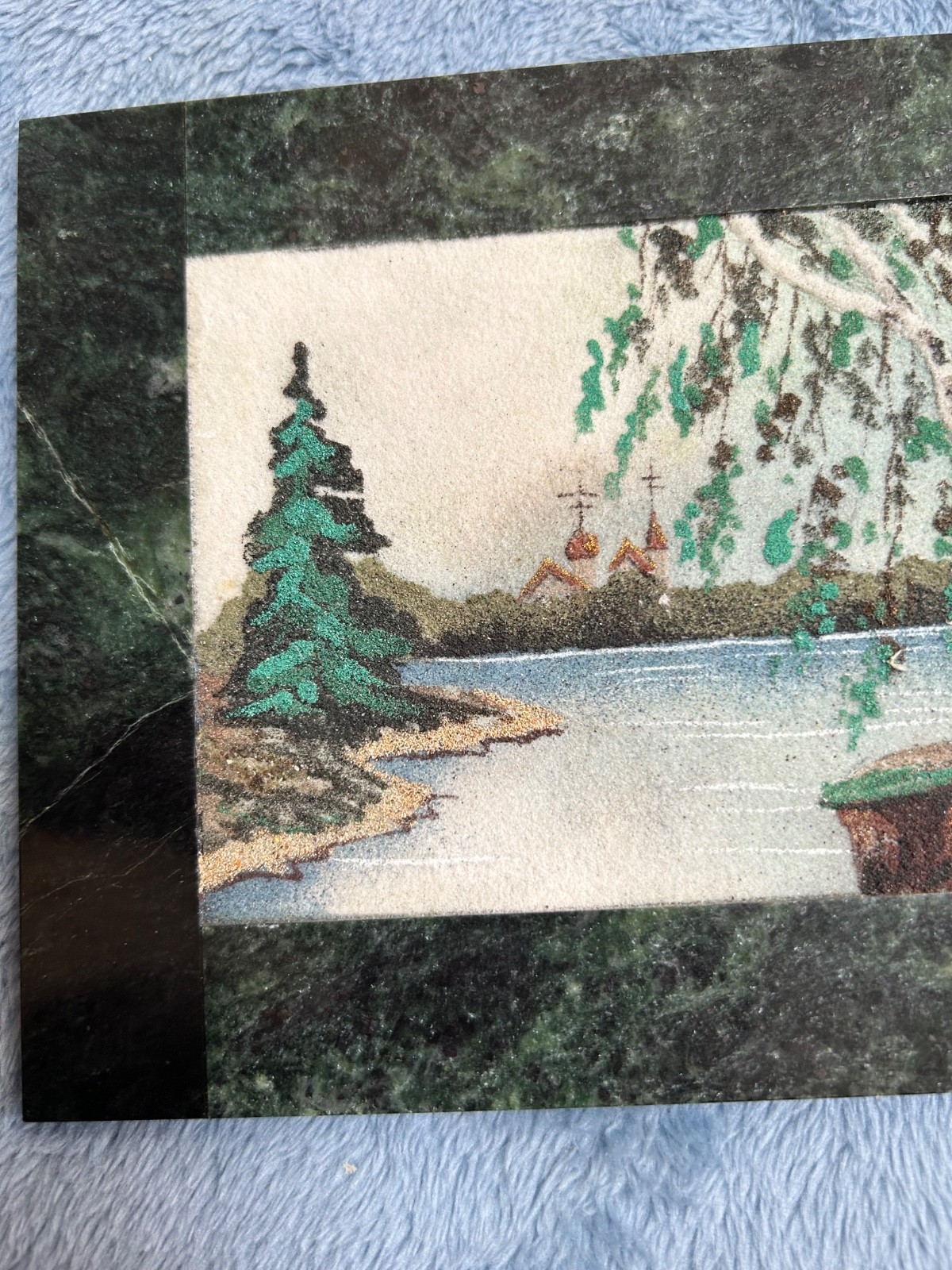 Vintage Russian Landscape Crushed Gemstone Painting Stone Frame 5.5 x 8 1/4”