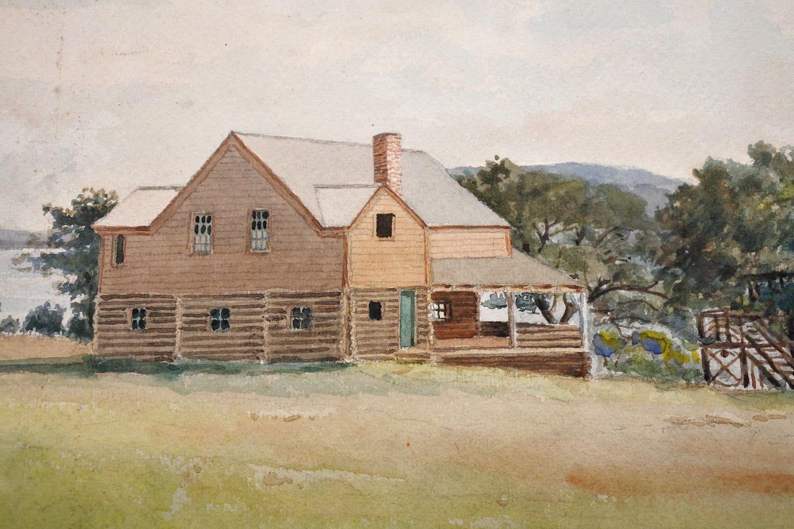 Antique 1903 Watercolor Landscape by Philip Butler American Log House by theLake