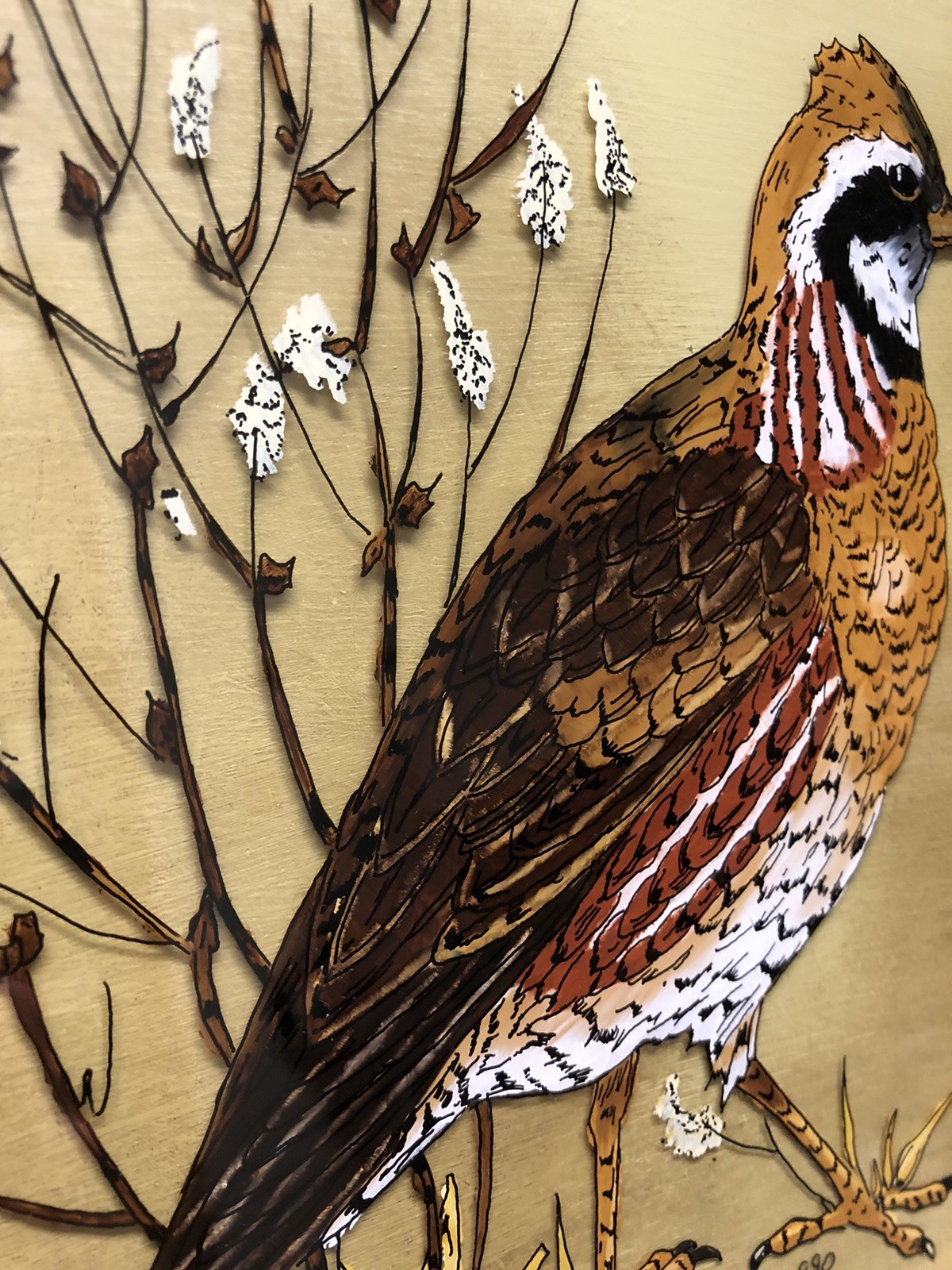 VTG Reverse Glass Art Painting Bowhite Quail Wood Framed Artist Signed 13×16”