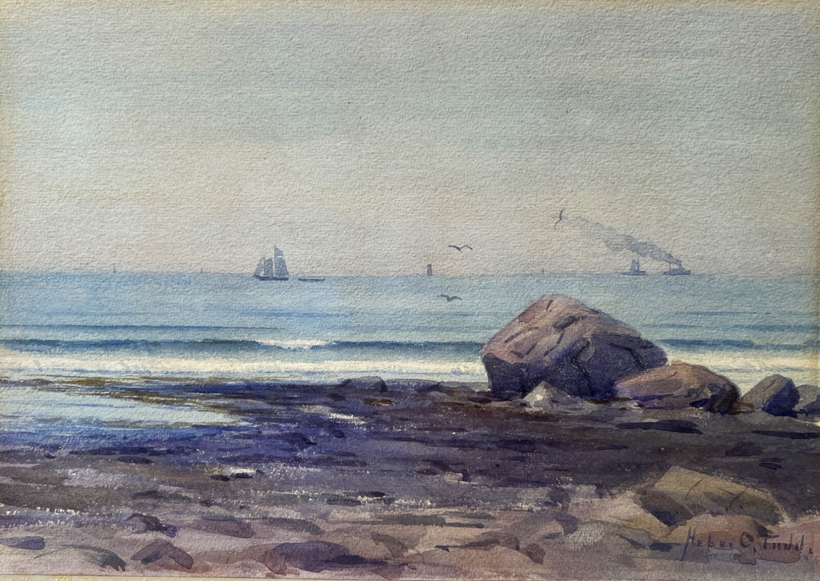 Framed realist coastal landscape watercolor, Heber C. Todd 1874-1940, listed MA