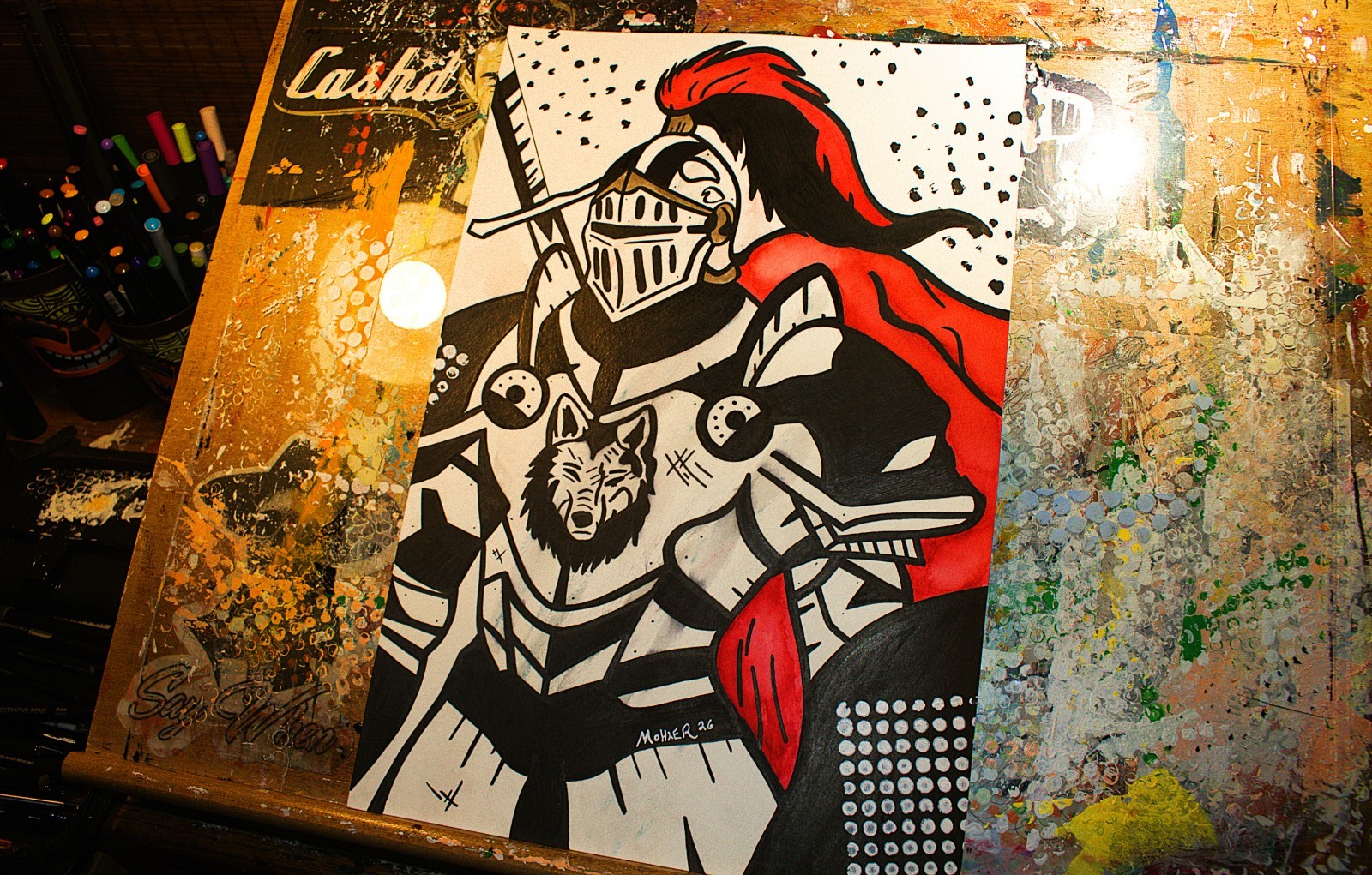 outsider art paintings original «Hard Days Knight» 12×18 ink and watercolor