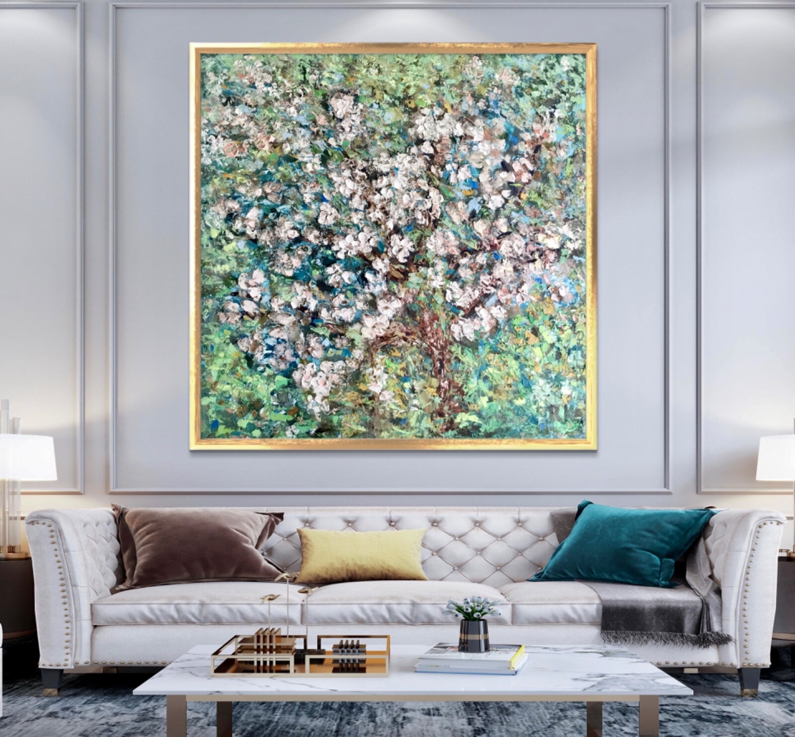 Apple blossom original oil painting on large canvas