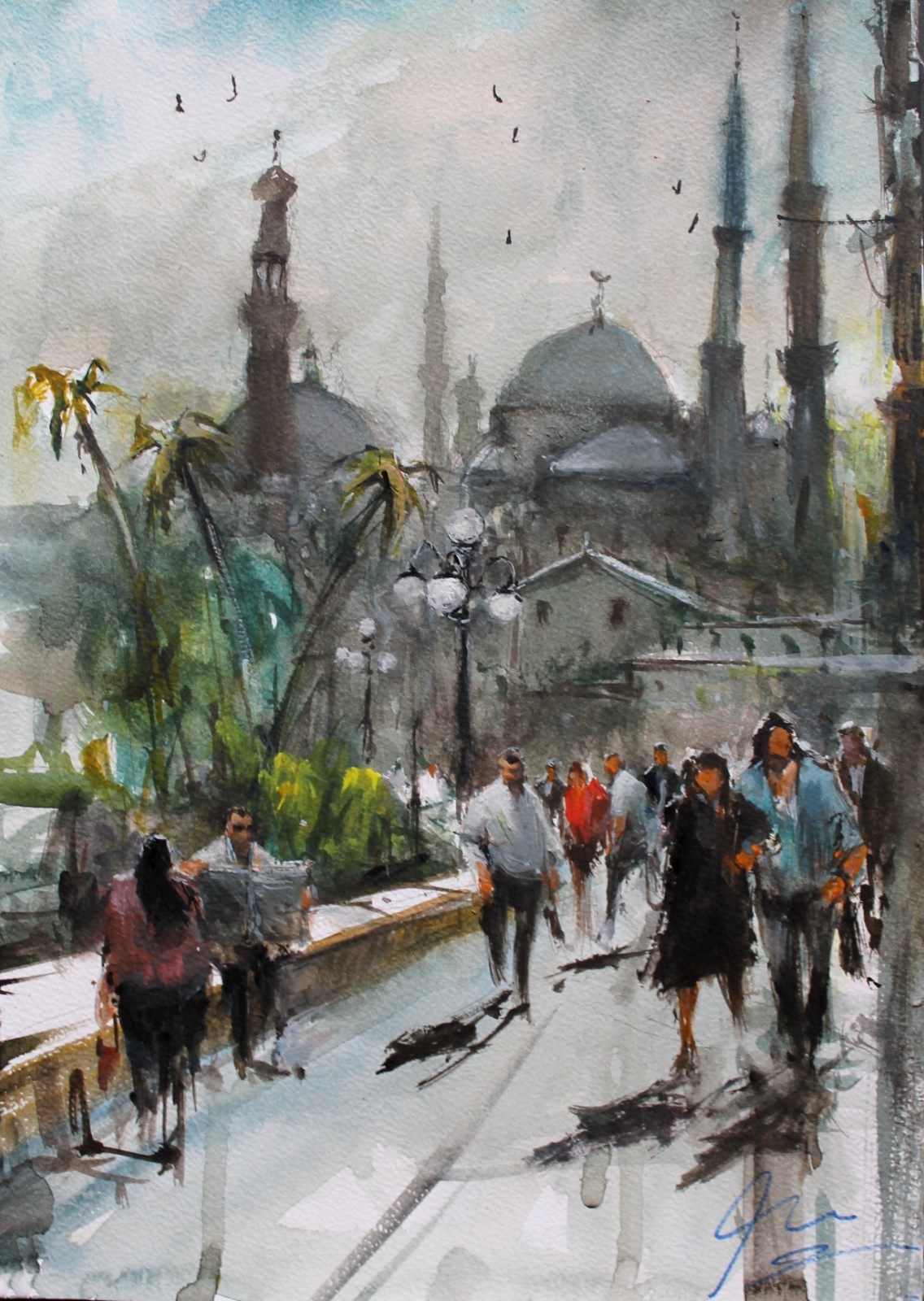 ORIGINAL PAINTING WATERCOLOR ISTANBUL BLUE MOSQUE CITY SCENE DUSK 11»x 8»in