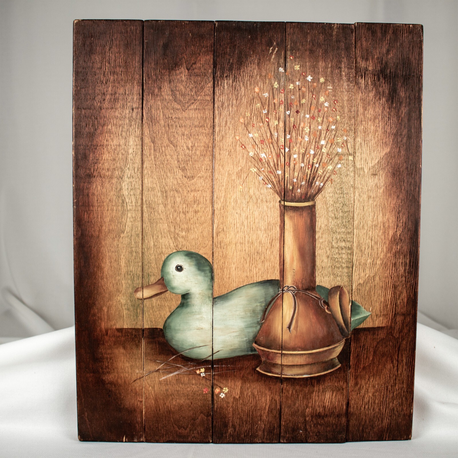Grandma Vintage Handmade Farmhouse Duck Scene Oil Painting Wood 17.75″L x 14.5″W