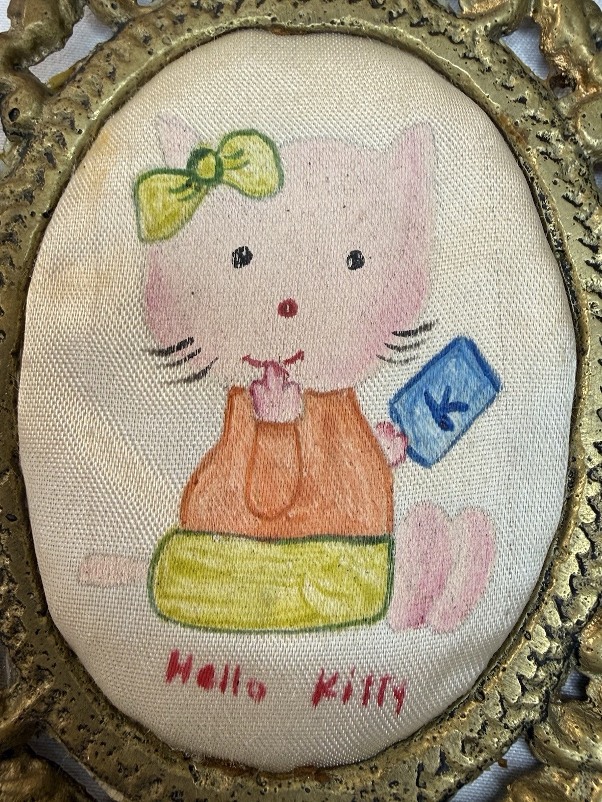 Vintage Hello Kitty Hand-Panted In Silk Fabric On Ornate Brass Frames