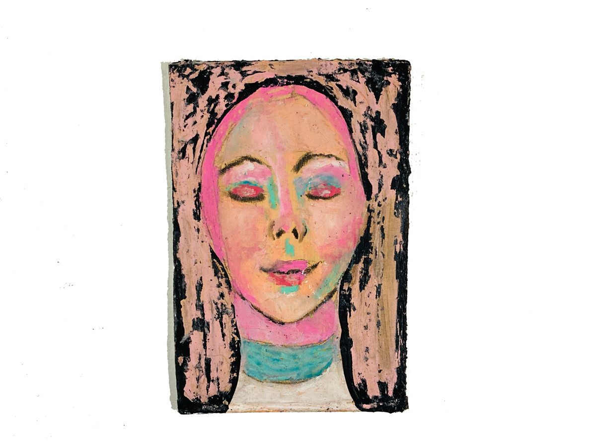 Meditating Woman Portrait Painting Pink Expressive Outsider Art Original Praying